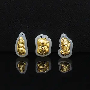 Unique Design Customized Cute Pendant Hetian Jade Inlaid 24k Gold Lucky Cat Pendant Mother's Day Gift
