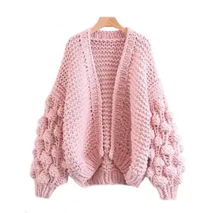 wholesale fashion women pom pom trimmed balloon sleeve open front chunky knit cardigan