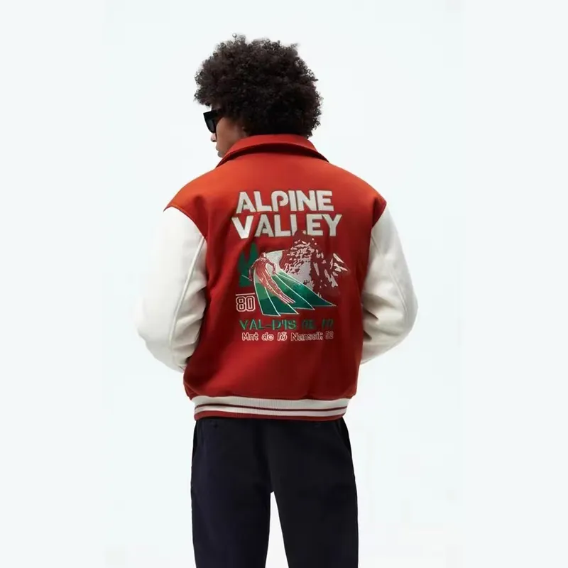 DiZNEW Oem custom leather sleeves short fitted patch jacket Chenille embroidered vintage Letterman College Red coat for men