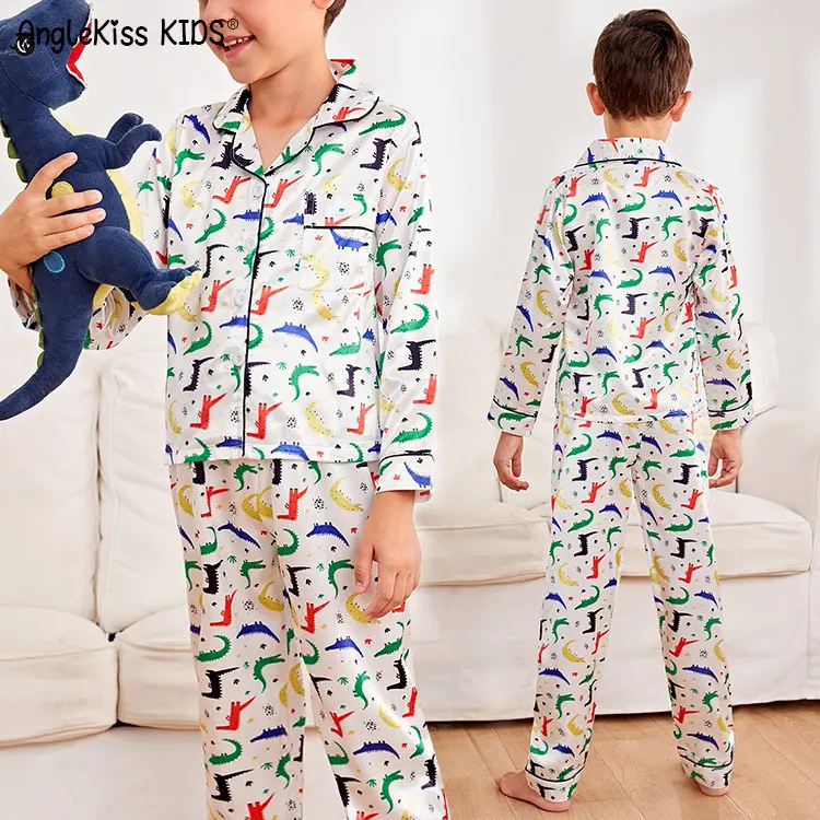 OEM toplu toptan pijama erkek çocuklar için beyaz saten dinozor baskı uzun kollu uzun pantolon ipek loungewear setleri Pj Pjs pijama