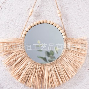Raffia <b>Mirror</b> Round Natural Wood Color Wall <b>Hanging</b> Home Decor Framed Edge - Product Image 3