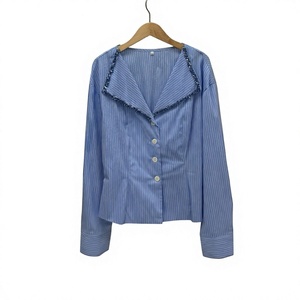 Chemisier rayé bleu pour femme, manches longues, col rabattu, simple boutonnage, taille ajustée, chemise décontractée pour le quotidien - Product Image 4