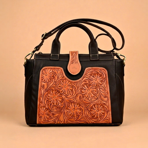 Hand Tooled Leather Tote <b>Bag</b> Floral Carving <b>Shoulder</b> Handbag Dual Handle Single <b>Strap</b> for Daily Use - Product Image 1