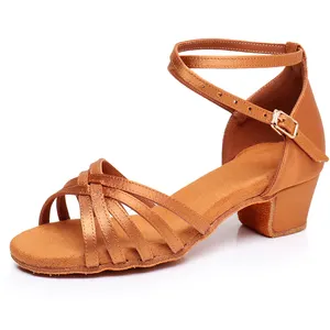 Comfortable Brown Satin Cuban Low Heel Classic Style Ballroom Latin Dance Sandals Teenage Girls/Children Made Leather Lace Upper