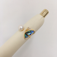 SHDIYAYUN Vente en gros Bague en or 18 carats plaqué or avec coquille d'ormeau et papillon, élégante, en perle d'eau douce naturelle, bijoux pour femmes
