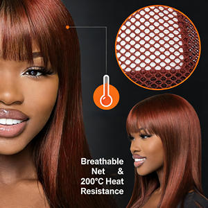 Parrucca Afro Lunga Ondulata con Radici Scure in <span class=keywords><strong>Capelli</strong></span> Remy, <span class=keywords><strong>Colore</strong></span> Castano Rossastro, in Offerta # <span class=keywords><strong>Capelli</strong></span> Umani in 33 Colori con Frangia - Product Image 5