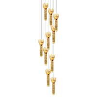 Lámpara Colgante Cilíndrica de Cristal Prismático con Corona Floral Dorada, Elegante Luminaria para Vestíbulo o Escalera