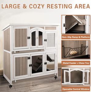Conejera de Madera de 2 Pisos para Exteriores con 2 Bandejas Profundas, Rampa y Techo, Fácil de Montar SDR050 - Product Image 5