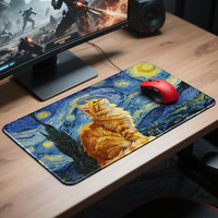 Tapis de bureau étendu grand format 60x30cm avec motif chat orange, dessin animé et paysage nocturne étoilé, tapis de souris gaming en stock