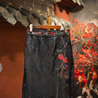 Jupe midi noire brodée 'Shishi Ruyi' en soie de mûrier satinée, taille haute amincissante, style chinois, haut de gamme, pour femme 5966