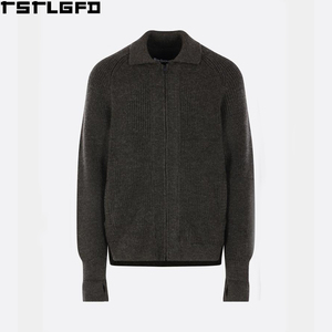 Cardigan en laine coupé-cousu à fermeture éclair intégrale pour homme, gris anthracite, col côtelé avec passe-pouces, style streetwear, pulls pour hommes, vente en gros pour fabricants - Product Image 2