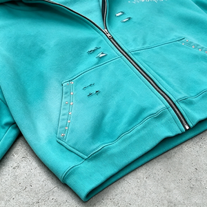 Conjunto de chándal para <span class=keywords><strong>hombre</strong></span> con lavado ácido, estilo vintage, con cremallera, sudadera con capucha de pedrería y pantalones de chándal - Product Image 5