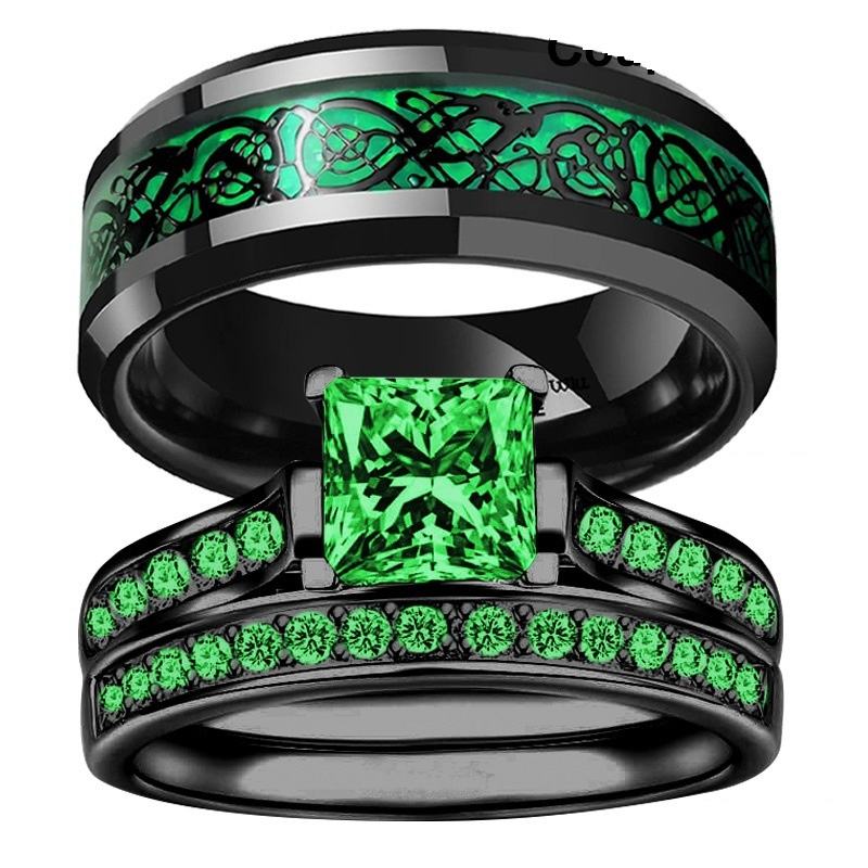 Stainless Steel Emerald Wedding Rings for Men Women
