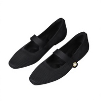 Sepatu Wanita Rajut Model Mary Jane, Ujung Runcing, Sepatu Balet, Kancing Mutiara, Tali Gesper, Bernapas, Penyangga Lengkung Kaki, Sol Karet