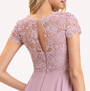 패션 보트 목 짧은 소매 레이스 무도회 하이 웨이스트 다시 중공 쉬폰 가운 맥시 긴 이브닝 여성 웨딩 원피스 - Product Image 4