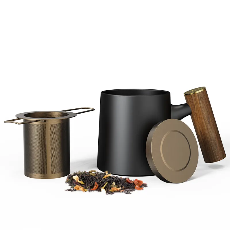 DHPO March EXPO 2023 produits tasse à thé en céramique avec infuseur 304 SLS et poignée en bois tasse d'infusion réutilisable pour voyage ou Camp