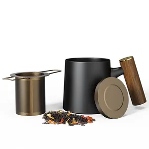Dipo março expo 2023 produtos cerâmicos infusor de chá com 304 sls e cabo de madeira copo reutilizável para viagem ou acampamento