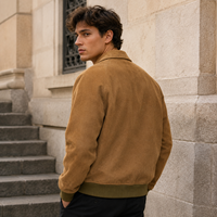 Veste en daim pour homme avec logo personnalisé, couleur unie, broderie, fermeture éclair, bordure contrastée, style bomber décontracté