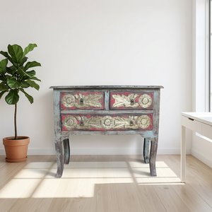 Rustic Handmade Wood <b>Console</b> <b>Table</b> With Red And <b>Gold</b> Carved Floral Design Brass Fitted Work Antique Style Living Room Furniture - Product Image 2