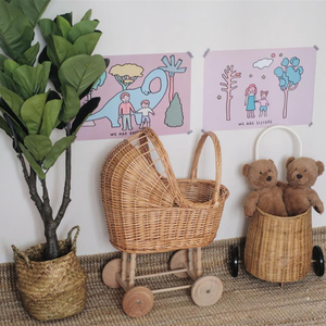 Carrito Vintage para muñecas, casa para niños, carrito de juego, carrito de almacenamiento de madera, tejido de ratán y sauce - Product Image 6