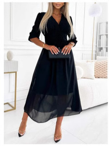 Robe longue en mousseline unie à col en V sexy pour femme, élégante, taille haute, ajustée, pour soirée, printemps, automne, manches 3/4, coupe trapèze, style bohème - Product Image 2