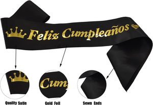 Banda de Satén Negra con <span class=keywords><strong>Feliz</strong></span> Cumpleaños Dorado, Banda de <span class=keywords><strong>Feliz</strong></span> Cumpleaños, Decoración para Fiestas Temáticas de Carnaval Mexicano - Product Image 3