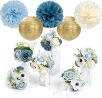 Fleurs en papier bleu poussière, or champagne, beige, pompons en papier, lanternes en nid d'abeille, décorations pour anniversaire, mariage, fête prénuptiale