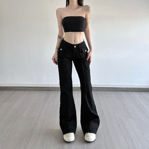 Women American Street Vintage Black Denim <b>Jeans</b> Pocket Patchwork Contrast Stitch Skinny Fit Slight <b>Flare</b> <b>Low</b> <b>Waist</b> Pants - Product Image 3