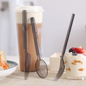 Disposable Long Handle Thickened Plastic <b>Knife</b> <b>Fork</b> <b>Spoon</b> <b>Set</b> For Takeout Dessert Milk Tea Party Use Grey Color - Product Image 1