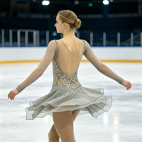 Robe de patinage artistique gris clair à manches longues en maille avec strass pour enfants et adultes, idéale pour les compétitions et spectacles sur glace
