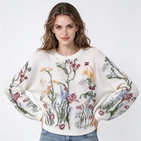 Pull en tricot floral douillet - Imprimé botanique vintage, coupe décontractée pour femme, parfait pour la superposition automne-hiver