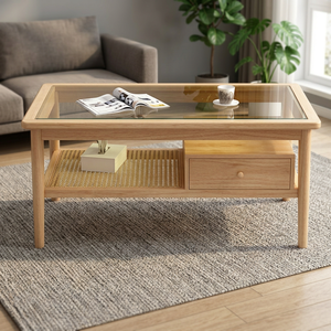 Mesa de Centro Moderna de Madera con Tapa de Vidrio Templado, Cajón de Almacenamiento, Diseño Escandinavo, Muebles para Sala de Estar - Product Image 4