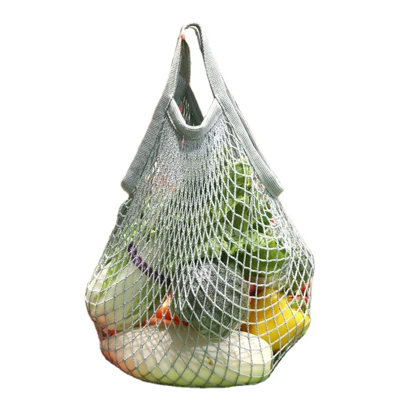 Hot sale organic sustainable reusable shopping long handle 100% cotton mesh bag