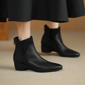 Elegantes Botas Largas Retro para Mujer, Hechas a Mano, con Parte Superior de Cuero Genuino, Suela Antideslizante, Impermeables, Duraderas, de Color Sólido y Punta Puntiaguda - Product Image 5