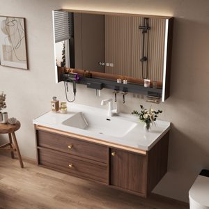 Mueble de baño moderno de estilo chino con estructura de madera de nogal, lavabo integrado sin juntas y espejo inteligente. - Product Image 4