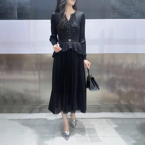 Robe midi décontractée élégante pour femmes, design plissé unique, manches bouffantes en forme <span class=keywords><strong>de</strong></span> lotus, <span class=keywords><strong>saison</strong></span> printemps, robe plissée directe d'usine - Product Image 3
