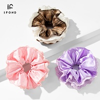 IFOND - Coletero Personalizado de Fábrica de 17 cm, de Poliéster y Algodón, con Adorno de Encaje a Cuadros y Diamantes de Imitación, Elástico para el Cabello, para Mujeres, Uso Diario, Oficina, Fiesta