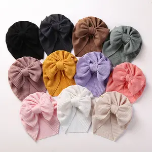 Knitted Soft Fabric Solid Design Baby Knotted Hat Wholesale Fancy Girls Bow Turban Hats for Newborn