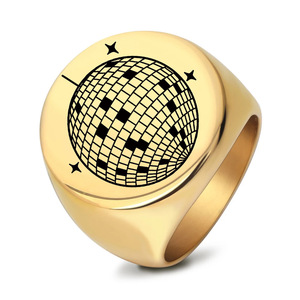 Men's Stainless Steel Round Globe <b>Ring</b> 22MM Laser Engraved Geometric Design Party Jewelry Gold Color - Product Image 1