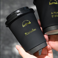 Gobelet à café en papier noir jetable à double paroi avec estampage à chaud doré, logo personnalisé, 4oz, 8oz, 12oz, avec couvercle en PS