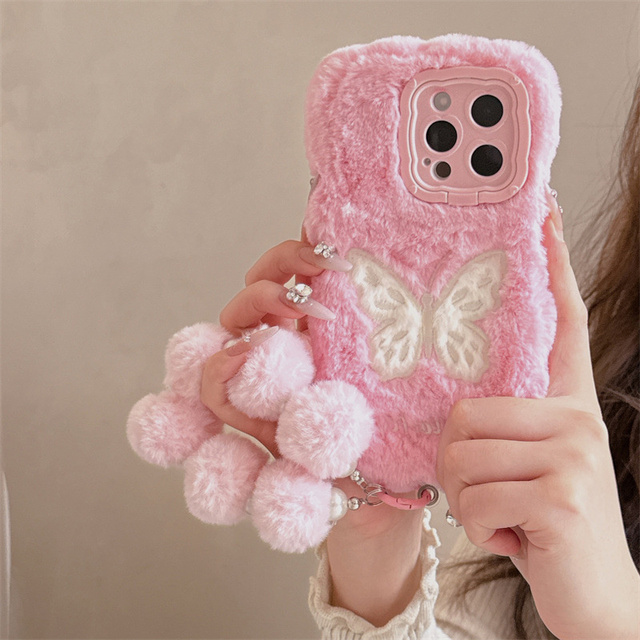 3D Cartoon Cute Butterfly Warm Plush Stand Holder With Bracelet Phone Case for iPhone 16 14 13 15 16 Pro Max Soft Back Cover