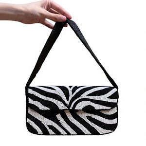 Sac fourre-tout décontracté à motif zèbre perlé pour femmes, vente en gros |   Perles de rocaille faites à la main |   Fermeture magnétique grande capacité avec doublure en satin - Product Image 1