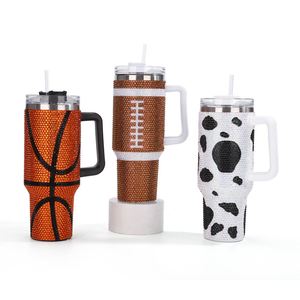Customizable Portable Stainless Steel Insulated Bling Rhinestone Cow Print 40Oz Mug Cups Tumbler With Handle and <b>Straw</b> - Product Image 3