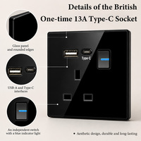 Prises murales industrielles UK 13A 230V AC avec panneau en verre trempé, interrupteur tactile et 4 prises UKCA pour l'électricité