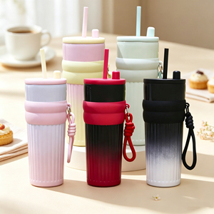 710ml Gradient Vertical Striped <b>Insulated</b> Tumbler 316 Stainless Steel Liner PP Lid Food Grade Silicone Seal Portable Rope <b>Straw</b> - Product Image 1