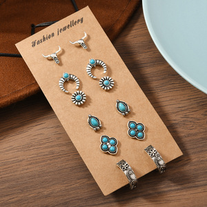 6 Pairs/Set Western Vintage Cowboy Style Bohemian Turquoise Stud Earrings Bull Head Horse <strong>Boots</strong> Alloy Ethnic Earrings <strong>Jewelry</strong> - Product Image 5