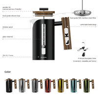 Cafetière à piston en acier inoxydable avec revêtement en verre borosilicate, 800 ml, couvercle en bois, pot filtrant pour le café et le thé