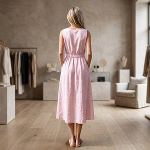 Vestido Midi de Algodón Orgánico para Mujer, con Botones al Frente, Manga Campana, Cintura Alta, Corte en A, Estilo Vintage, Casual, Holgado, Transpirable, Tallas Grandes - Product Image 3