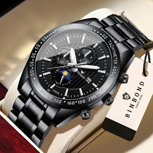 Binbond Automatic Men's Watch 40mm Stainless Steel Band Tachymeter Date Moon Phase Waterproof 30M - Product Image 1