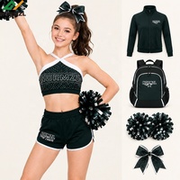 Survêtement de cheerleading noir avec veste à paillettes et strass pour l'entraînement, sac à pompons et nœuds pour l'académie sportive